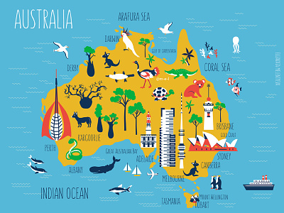 Cartoon travel map of Australia animal architecture australia australian cartoon map drawing geography illustration sea travel world