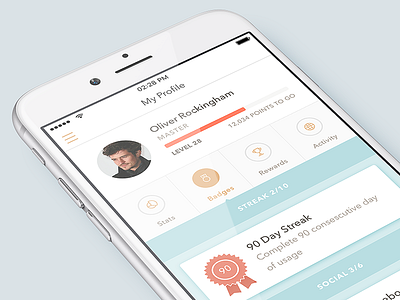 User Badges & Achievements badge calm clean exercise gamification health ios minimal ui ux yoga zen