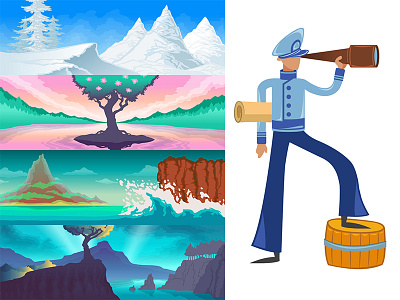 4 seasons of travel captain character illustration landscape maps mountains nature ocean sea seasons travel tree