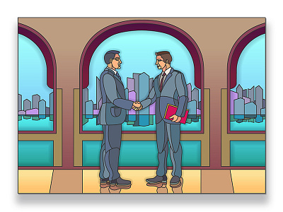 Handshake businessman businessman character concept handshake skyscrapers vector windows