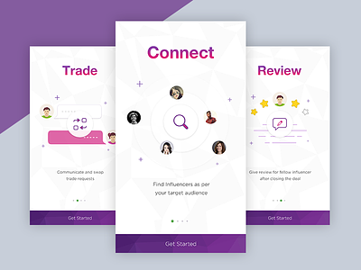 User On boarding connect cricles get started ios app iphone on boarding purple screens search ui welcome