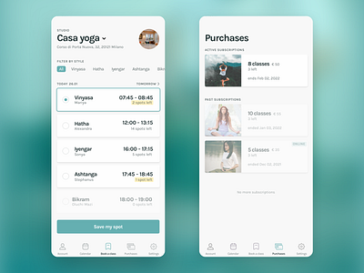 Book a yoga class app design booking calendar cards class dates gradinet ios options practice schedule select sport studio subscirptions ui ux wellness workout yoga