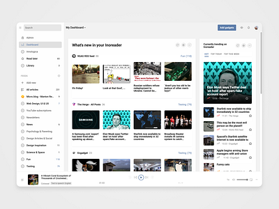 Dashboard Inoreader cards columns dashboard new news player playlist podcast rss sidebar tabs trending ui web