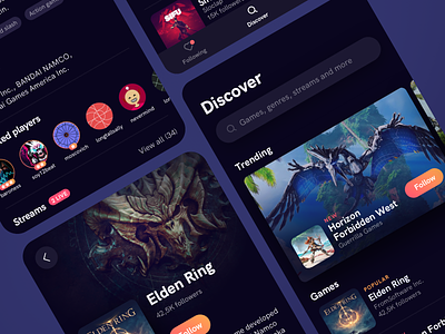 Livestream Gaming cards dark theme discover follow gaming list mobile play popular search stream trending ui