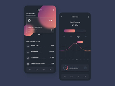 Mobile banking app UI/UX design. Glass morphism. Dark theme bank app black concept dark mode design financial app mobile app design mobile design ui user experience user inteface ux