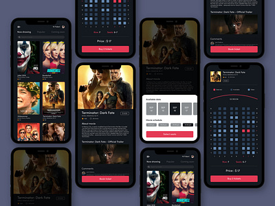 Movie Ticket App - Select date and seats - Dark Theme app booking cinema concept date design mobile app mobile ui design movie app seats ticket ui user experience user inteface ux vector web