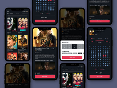 Movie Ticket App - Select date and seats - Dark Theme