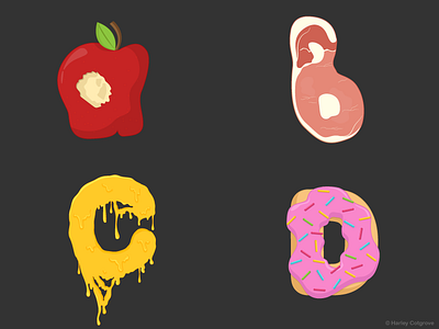 Food Alphabet - ABCD alphabet apple bacon cheese donut flat font food type typography word
