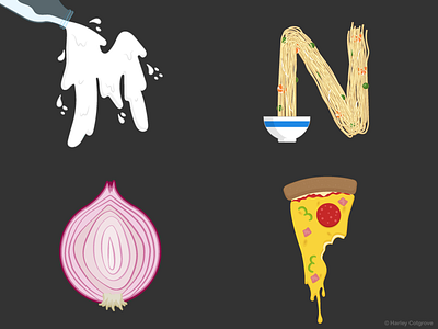 MNOP alphabet food lettering milk noodles onion pizza type typography