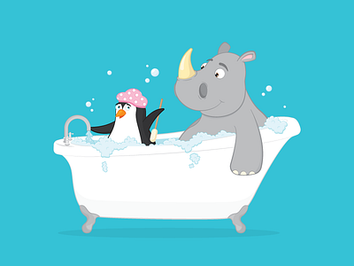 The penguin and the rhino animal bath bathroom bubbles clean commission cute funny penguin rhino wash