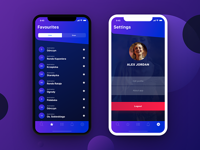 Urban timetable | iOS App app design favourites gradient ios iphone x mobile mockup profile purple settings