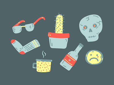 Skull, Cactus, Sock, Shades, Mug, Bottle, Sad Face