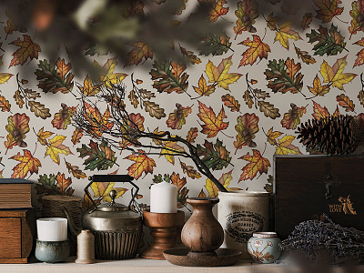 Wallpaper with Autumn Leaves art autumn design drawing illustration interior painting traditional art watercolor