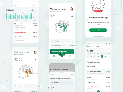The Neurovine App brain brain activity diagnosis fatigue figma health heart rate illustrations medical mobile app recovering ui ux