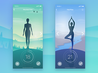 Yoga Tadasana Vrksasana app application asana forest hills interface ios mobile ui nature river sunrise ui ux vector illustration yoga yoga pose