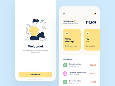 Virtual Wallet mobile app app concept bank app banking banking app bright clean ui finance app illustration typogaphy uidesign uiux ux ui wallet walletapp yellow