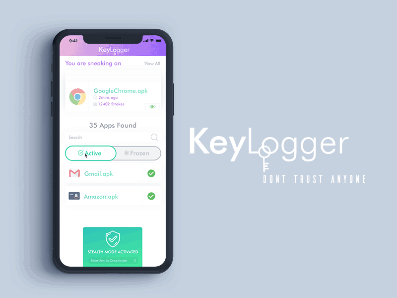 Keylogger - Keystrokes Monitor App (GIF) app appdesign branding filters . gradients fries fun gif minimal redesign stealth ui ux