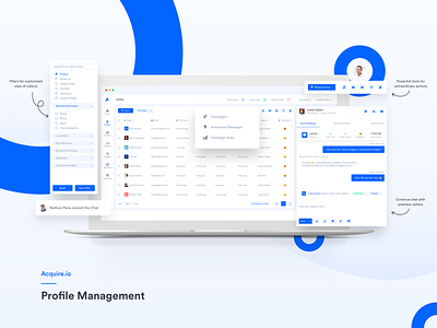 Acquire Profile Management (CRM) acquire.io cobrowsing crm crm ui ux data analytics data visualization google inapp messaging intercom live chat profile card profile management profiles profiles ui screen share