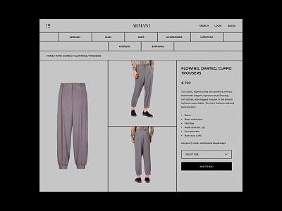 Armani - Product page app armani brand dark design fashion fashion store grey gucci landing page minimal online shop online store product design product page shop ui ux web website