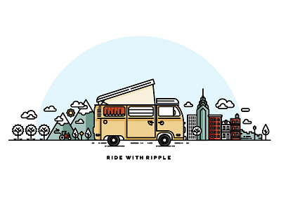 Ride with Ripple bus camper city country icon illustration line art monoline simple vw vw bus