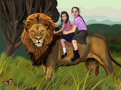 Aslan and the girls in Narnia art artwork aslan concept art digital painting illustration lion narnia wildlife