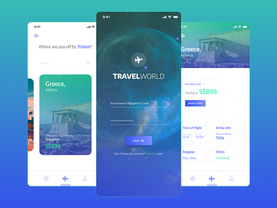TravelWorld App Design app booking icon login minimal mobile selection ticket travel ui ux