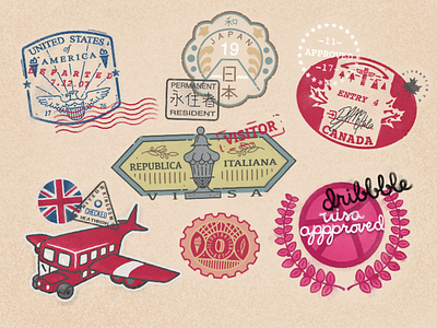 Luggage Stickers & Visa Stamps badges luggage stamps stickers travel vectors vintage visa