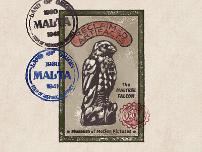 The Maltese Falcon artifacts brushes cards icons labels movies posters stamps textures typography