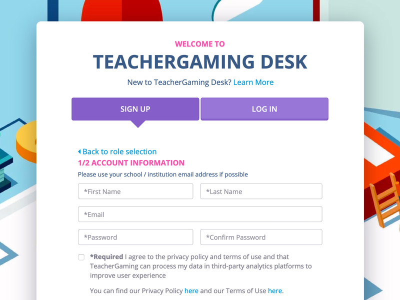 TeacherGaming Desk - Landing / Signup account sign up signup signup form signup page signup screen teachergaming ui