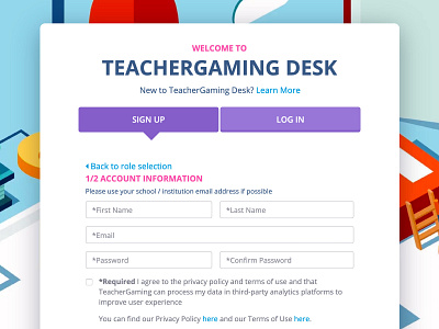 TeacherGaming Desk - Landing / Signup account sign up signup signup form signup page signup screen teachergaming ui