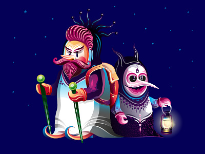 Night walk character colours dwarfs illustration night vector