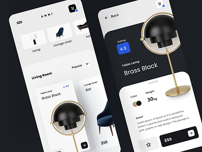 Furniture app app app design black blue ecommerce furniture mobile ui web design