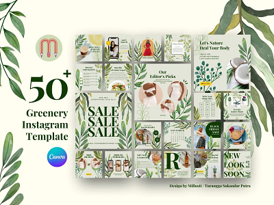 50 Greenery Instagram Templates - Foliage Watercolor Leaves boho branding canva template environmentalist foliage go green graphic design hotel illustration instagram template layout leaves massage nature social media spa ui ui design ux watercolor