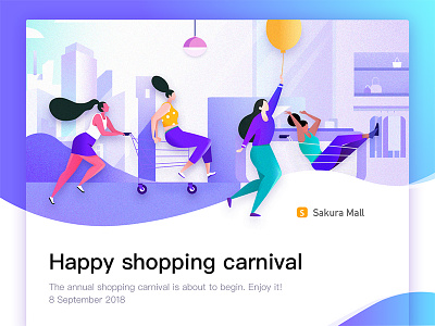 Happy shopping carnival app banner cords design illustration landing mall purple shopping trolley ui web