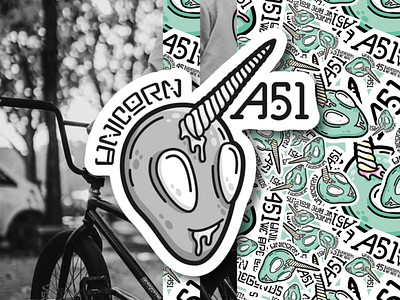 A51 ⎜ Illustration alien aurélien tardieu bmx branding clothes green illustration logo logotype sticker streetwear typography ufo unicorn vector