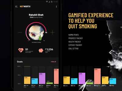 Health app for quitting smoking [Concept] contrast dark fitness gamified health interactive mentor quit smoking vibrant
