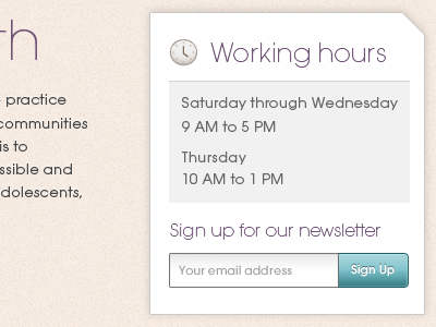 Sidebar clock icon newsletter sand sidebar sign up working hours
