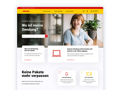 DHL Website Concept 2021 clean concept delivery dhl interface logistics package red redesign redesign concept track tracking ui uidesign ux webdesign website websitedesign yellow