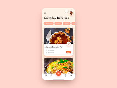 Food Recepies App animation app cards design food icons interface interraction menu mobile orange pumpkin pie recepies salmon tabbar ui uiux ux xd