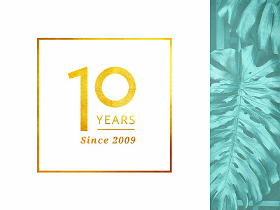 10 years anniversary badge blue branding card design fashion frame gold identity leaves logo luxury minimalistic monstera palm print style tag turquoise