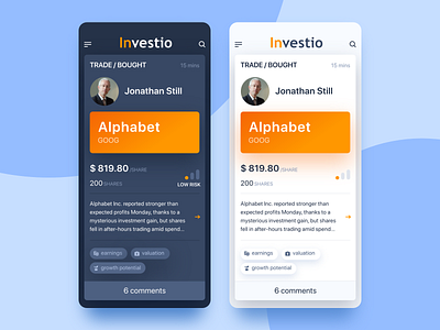 Investio App adobe xd app application design blue business dark theme design finance interface ios iphone x light theme mobile orange trading ui