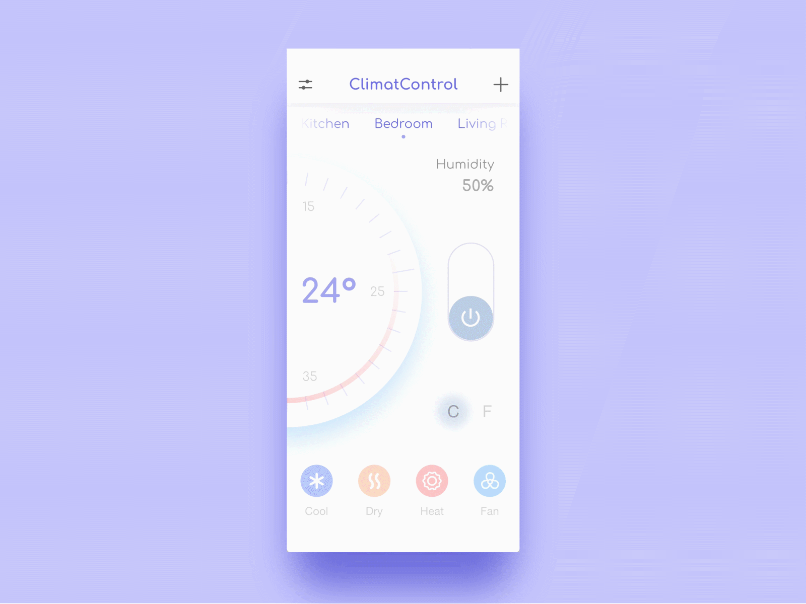 Climate Control Application adobe xd animation animation xd app application climate conditioner control controller cooling design interface ios light theme mobile purple regulation smarthome ui violet