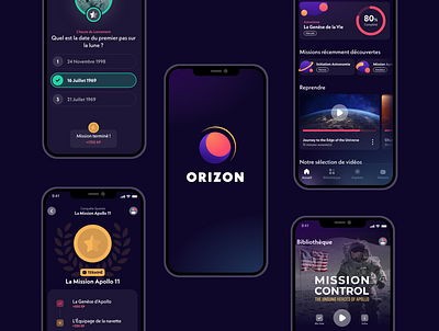 Orizon App app astronomy branding dark dark mode dark theme dcstart design flat gamification graphic design icon logo minimal mission ui ux web