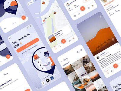 Travel mobile app app design explore figma graphic design icon illustration interface location map mobile onboarding photo pin post social media travel typography ui ux