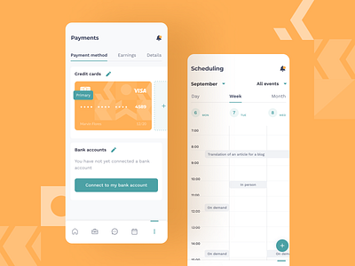 Payments and scheduling screens for Job search mobile app calendar financial operations green hire icon illustration interface job search service mentalstack mobile app orange pattern payments product design scheduling translator ui