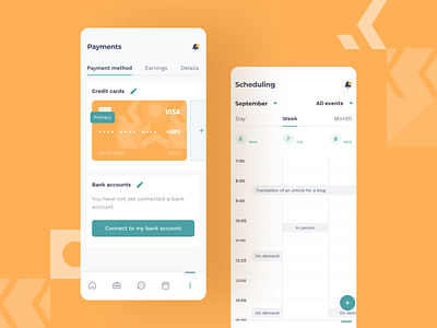 Payments and scheduling screens for Job search mobile app