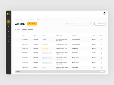 Accounting system 💸 accounting system app black calendar claim desktop expense filter glow icon interface mentalstack menu product search status table ui ux yellow