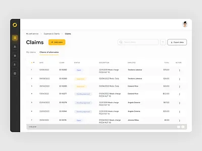 Accounting system 💸 accounting system app black calendar claim desktop expense filter glow icon interface mentalstack menu product search status table ui ux yellow