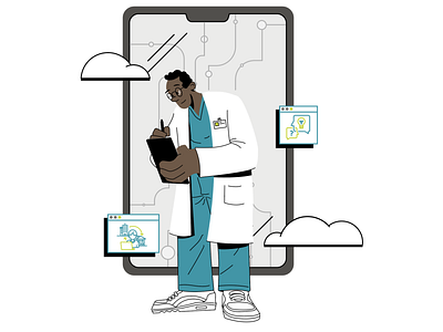 Doctor interacting with Tech adobe illustrator brand design character illustration corporate design design doctor enabling health health health and tech healthcare tech icons illustration medical medicine medicine and technology technolgy enabling health technology vector vector illustration