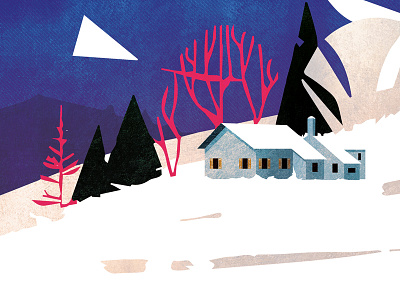 Snowy remote wooden cabin illustration WIP